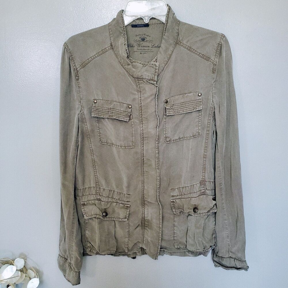 IKKS Brand Green Utility Jacket Size 42 Green Lyocell Full Zip Pockets Light